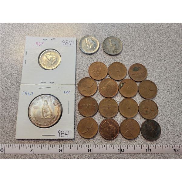 1967 Canadian coins - 50¢ piece, 3 X 5¢ and 15 pennies