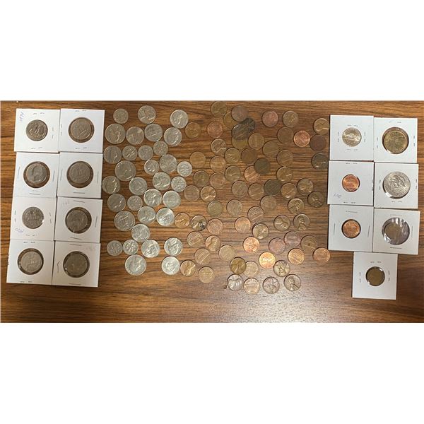 US coin lot - 70 pennies, 12 quarters, 1 50¢ half dollar, 19 nickels, 10 dimes
