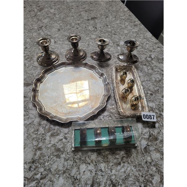 E.P. Candlesticks, Napkin Cuffs, S+P Shakers, Serving Tray