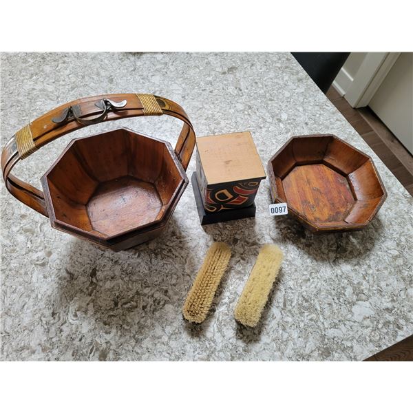 Brushes, Decorative Carved Box and Basket