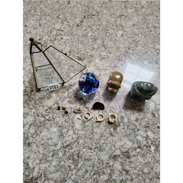 Assorted Carvings and Jewellery with Pyramid Glass Storage