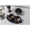 Image 2 : Silver Plated Items (one pewter candle holder) Vase, Cream+Sugar, Serving tray