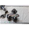 Image 8 : Silver Plated Items (one pewter candle holder) Vase, Cream+Sugar, Serving tray