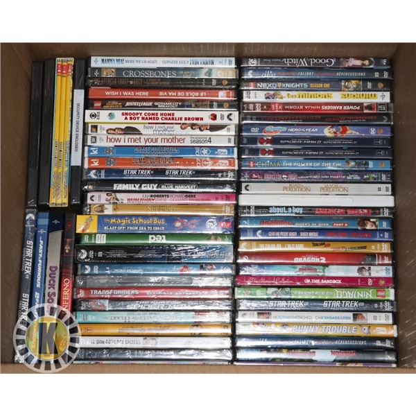 LARGE BOX OF ASSORTED NEW DVD MOVIES/ TV