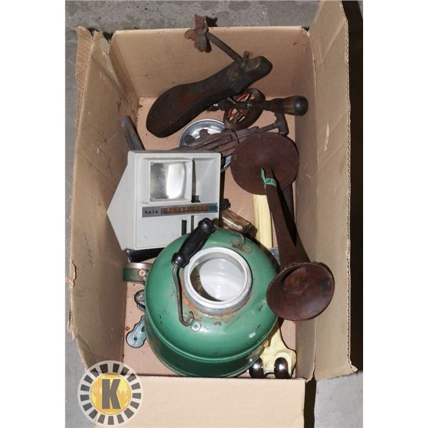 LARGE BOX OF ANTIQUE VINTAGE TOOLS