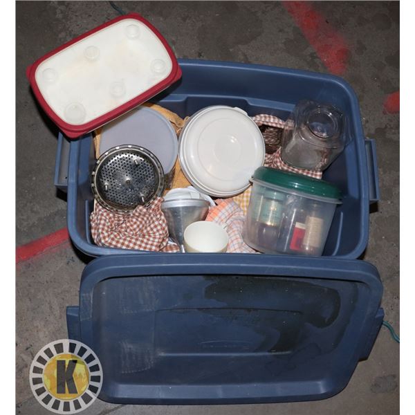 TOTE OF COOKING  UTENSILS AND STORAGE CONTAINERS