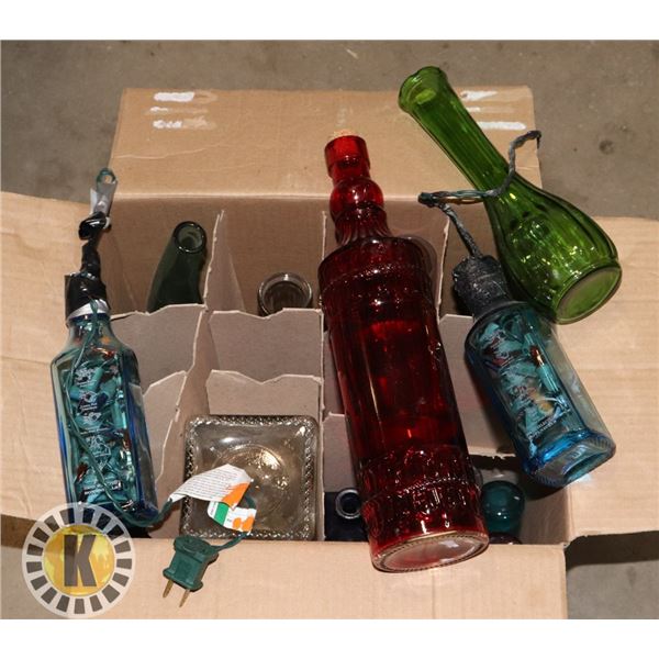 BOX OF DECANTERS AND BOTTLES