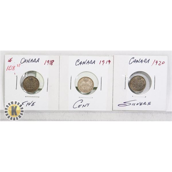 4)  LOT OF 3 CANADIAN 1918, 1919 & 1920 5 CENT