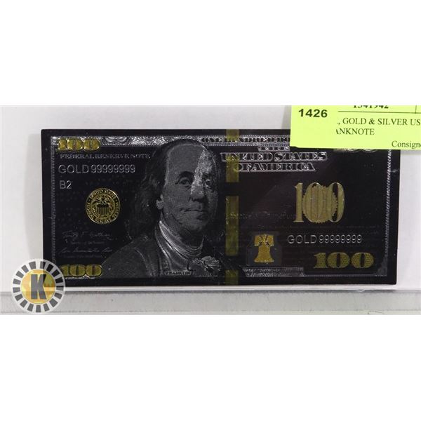 3)  BLACK, GOLD & SILVER US $100.00 BANKNOTE