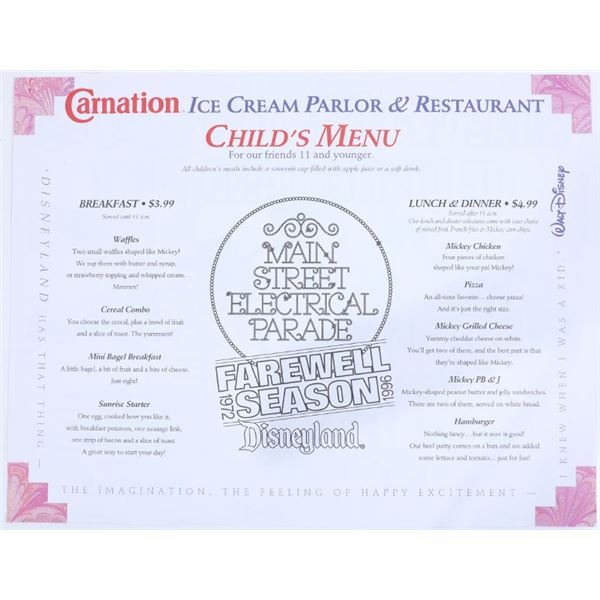 Disneyland Electrical Light Parade Carnation Cafe Child's Menu