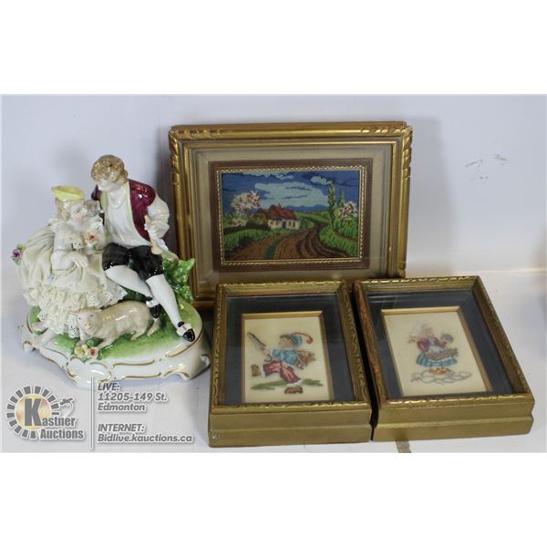 VINTAGE FRAMED STITCHERY (3) & W. GERMAN PORCELAIN