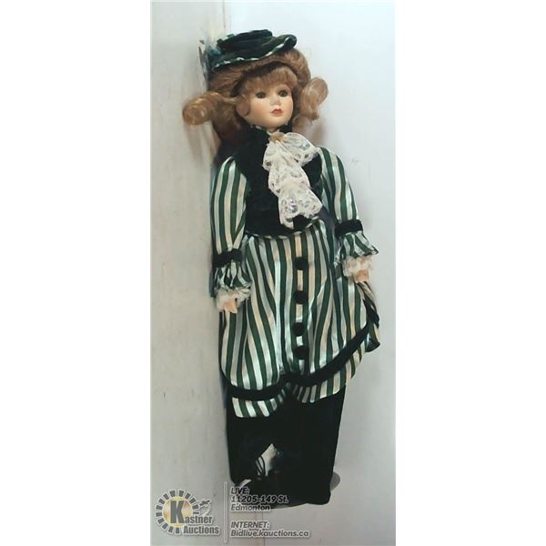 18" DOLL ON STAND WITH GREEN DRESS