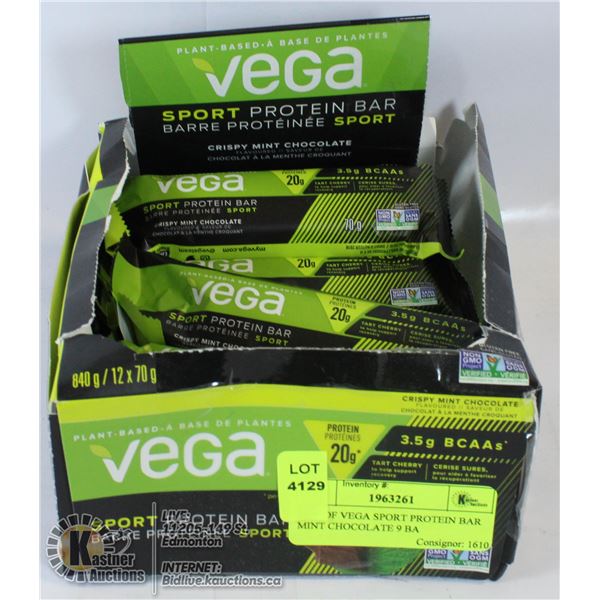 BOX OF VEGA SPORT PROTEIN BAR MINT CHOCOLATE 9 BA