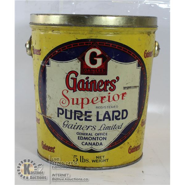 GAINERS LARD TIN BUCKET ANTIQUE