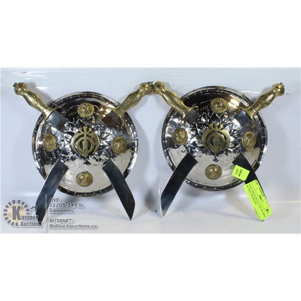 PAIR UNIQUE METAL COAT OF ARMS W/ INSET SWORD SET
