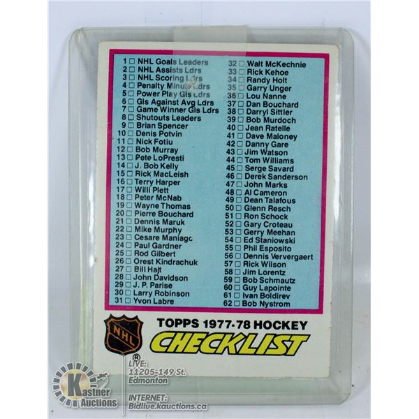 TOPPS CHECKLIST 1978 UNMARKED HOCKEY CARD