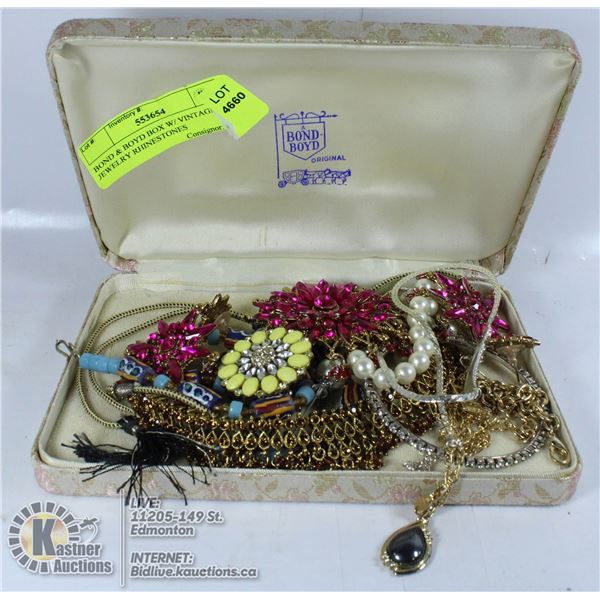 BOND & BOYD BOX W/ VINTAGE JEWELRY RHINESTONES