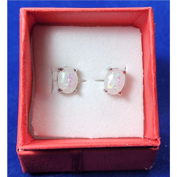 2)  LAB CREATED WHITE FIRE OPAL STUD EARRINGS.