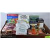 Image 1 : FLAT OF DRIED GOODS-TEA, CRACKERS, FRUIT SNACKS