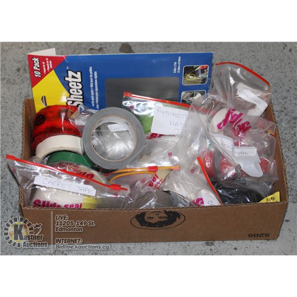 BOX WITH OVER 24 ROLLS OF VARIOUS TYPES OF