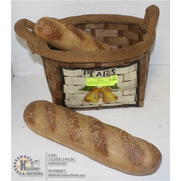 VINTAGE BASKET WITH FAKE BREAD LOAVES