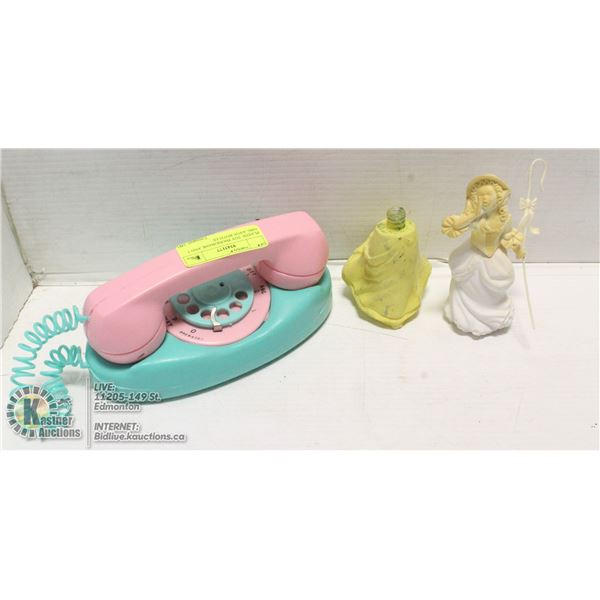 PLASTIC TOY PHONE/BANK AND 2 GIRL AVON BOTTLES