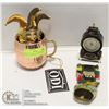 BOTTLE TOPPER, DUTCH COPPER MUG,CLOCK & BELL