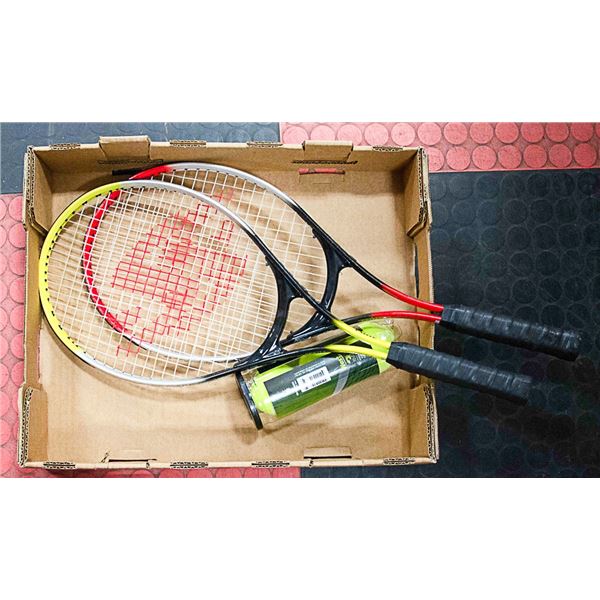 2 NEW TENNIS RACKETS AND UNOPENED BALLS.