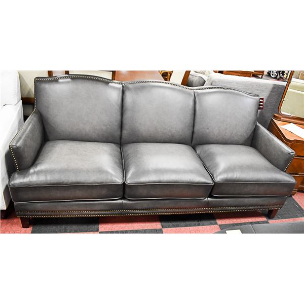 GREY GENUINE LEATHER NAILHEAD SOFA