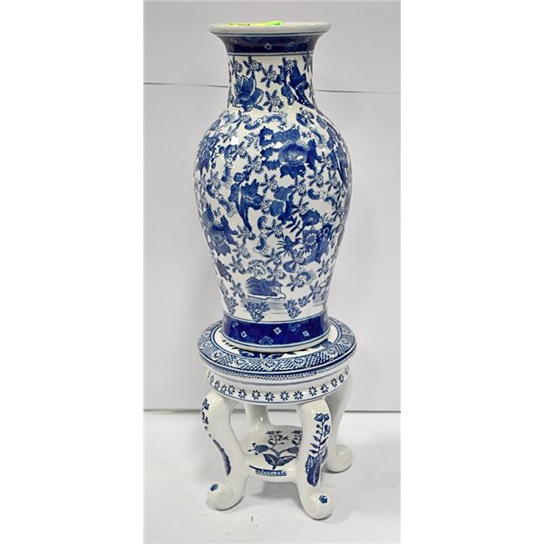 BLUE AND WHITE CERAMIC VASE & CERAMIC PEDISTOOL