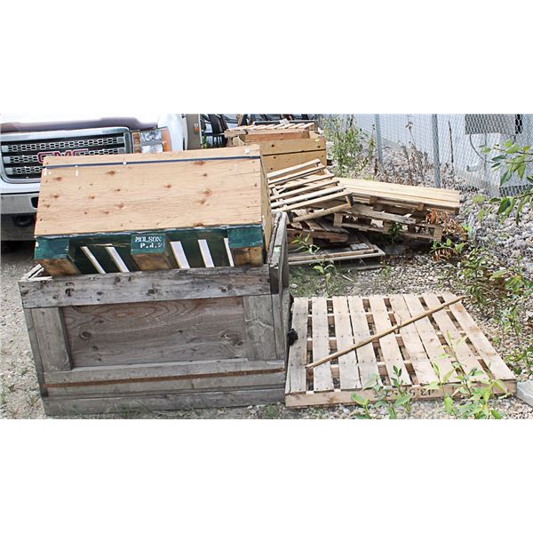 LARGE LOT OF ASSORTED PALLETS. MUST TAKE ALL