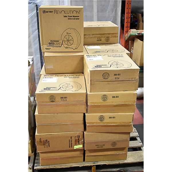 PALLET OF BAY WEST TOILET TISSUE DISPENSERS