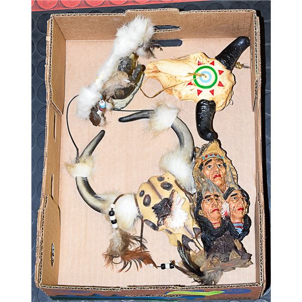 BOX OF CERAMIC ANIMAL SKULLS AND MORE