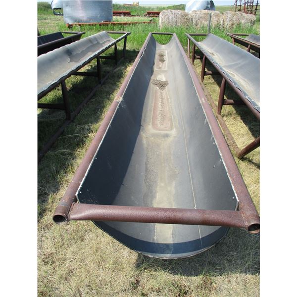 Metal livestock feeder with belted bottom 30' long