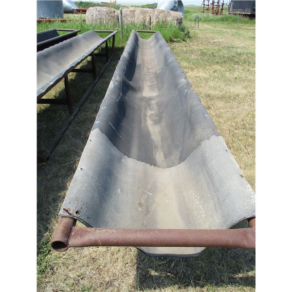 Metal livestock feeder with belted bottom 30' long