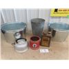 Image 1 : 3 Galv TUbs & Pail -Alum Kettle , Tobacco Tin, Johnson Varnish Tin