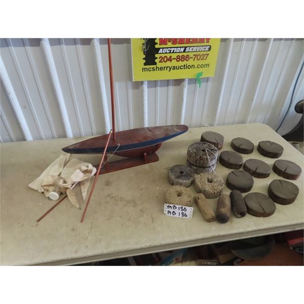 Sailboat Mantle Ship, &  Wooden Fishing Net Floats