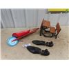 Image 1 : (AC) Cast & Wooden Ornate School Desk, Child's Metal Toy Wheel Barrow, & Shoe Stretchers