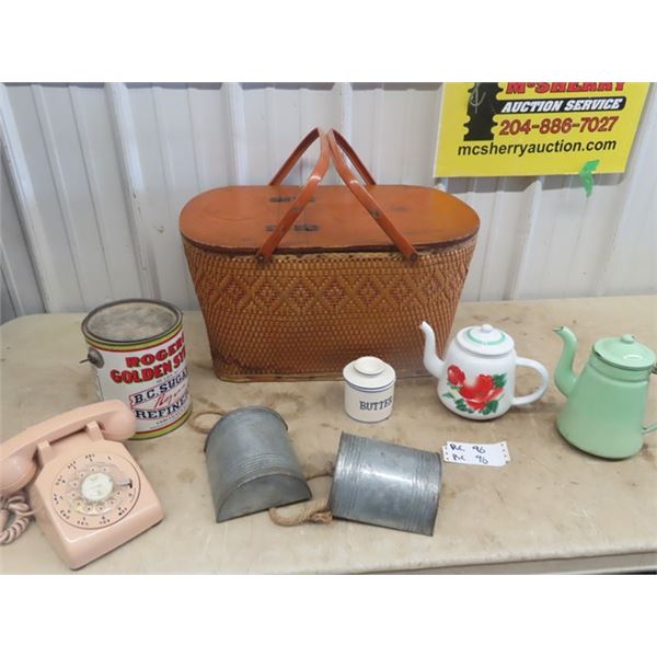 Picnic Basket, 2 Enamel Kettles, Honey Tin, & Rotary Phone