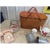 Image 3 : Picnic Basket, 2 Enamel Kettles, Honey Tin, & Rotary Phone