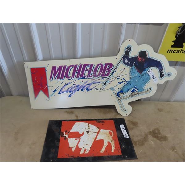 2 metal Signs 1) Michelob Beer (Embossed) 35  x 17  & 1) Metal No Bull 10  x 18 