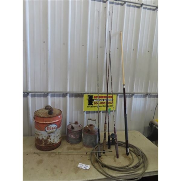 Gas Cans, Lariat, Fishing Rods, & Pool Cue