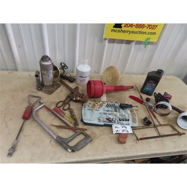 Hyd Jack, Drill Bits, Hack Saw, Puller, Plus Odds Ends Tools, & Set of Car Ramps