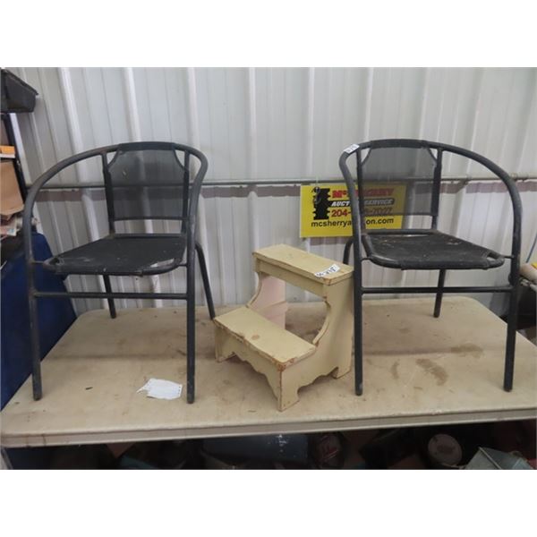 Wooden Stepper & 2 Metal Patio Chairs