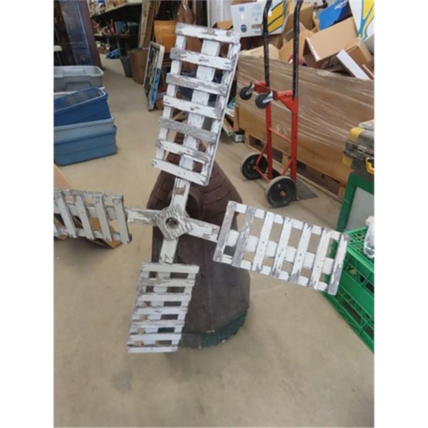 Cement Windmill Lawn Ornament w Wooden Blades