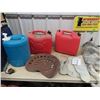 Image 1 : (CJ) 2 Gas Cans, Water Jug, Metal Implement Seat & Welding Gloves