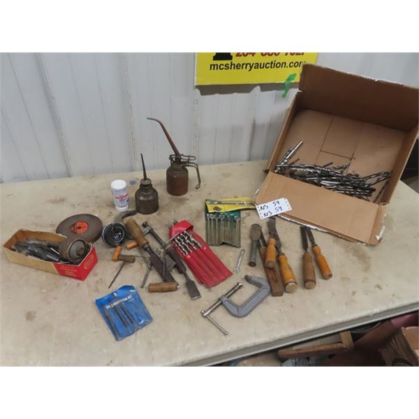 Drill Bits, Wood Chisels, Oil Squirt Cans, Cut out Hole Saw