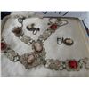 Image 2 : Vintage Silver Cameo & Ruby Stones Jewellery Set Clip On Earrings, Bracelet & Necklace  (Please view