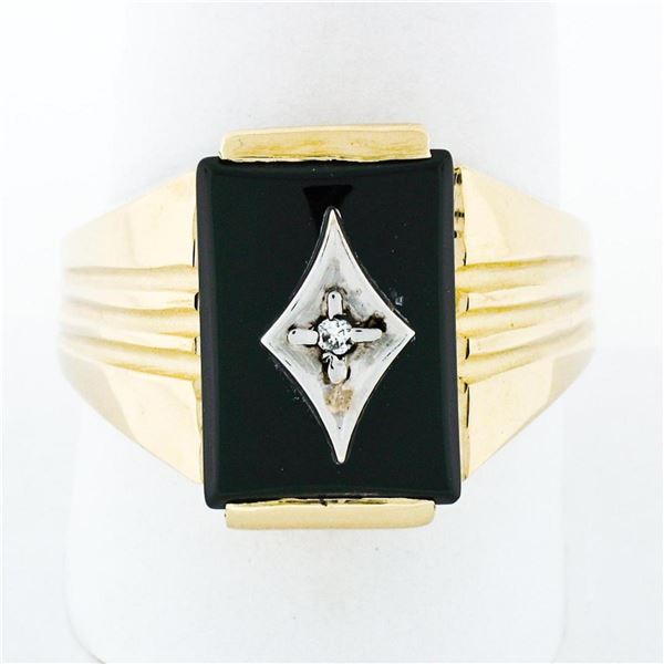 Men's Vintage 14K TT Gold Rectangular Black Onyx & Diamond Ribbed Grooved Ring