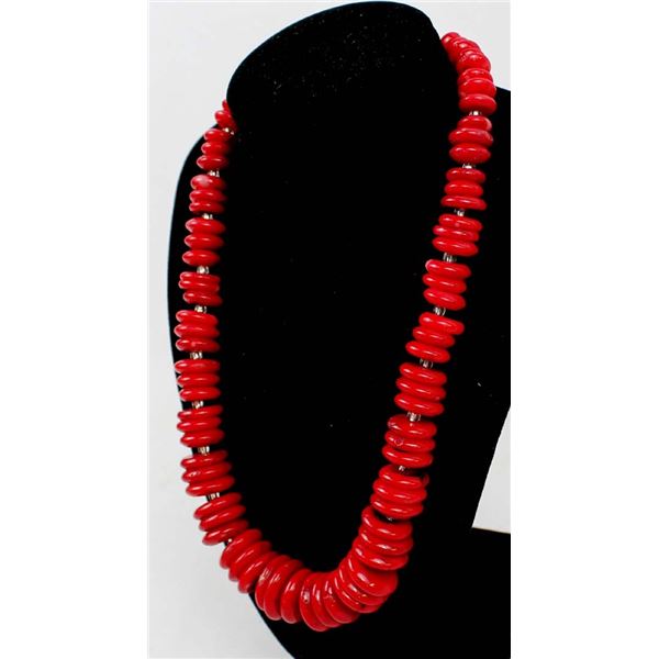Dyed Red Coral Rondelle Bead Necklace